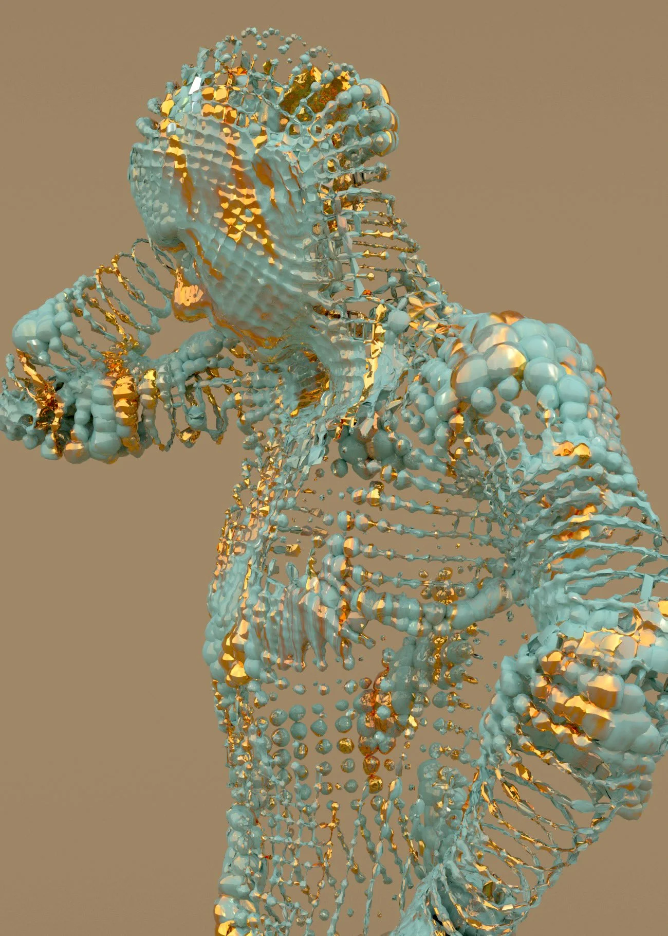 Abstract 3D sculpture with blue and gold spheres forming a humanoid shape