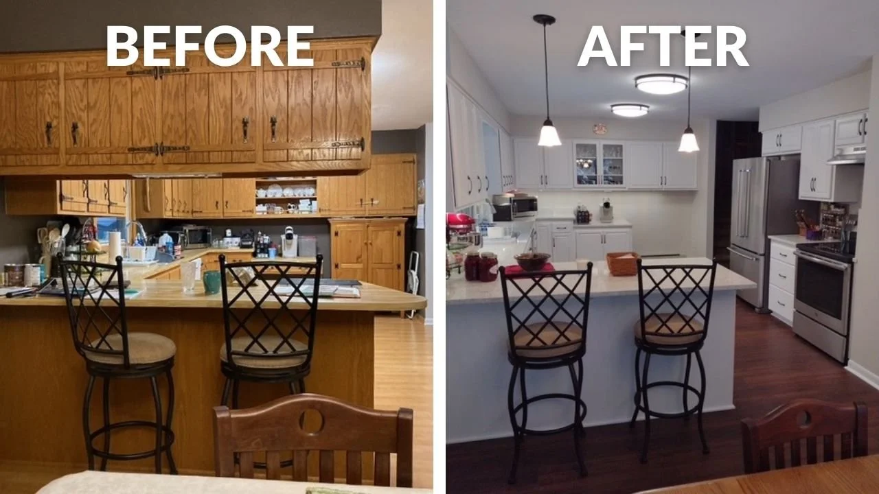A side-by-side comparison of a kitchen renovation. The "before" image shows a kitchen with dark wooden cabinets and a cluttered countertop. The "after" image features a modern kitchen with white cabinets, a clean countertop, and updated lighting fixtures.
