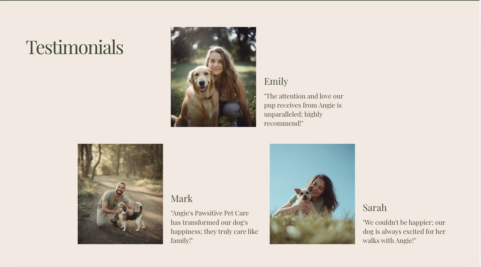 Testimonial section with photos of people with their dogs, including a woman with a golden retriever, a man with a dog on a trail, and a woman with a small dog, alongside quotes about pet care services.