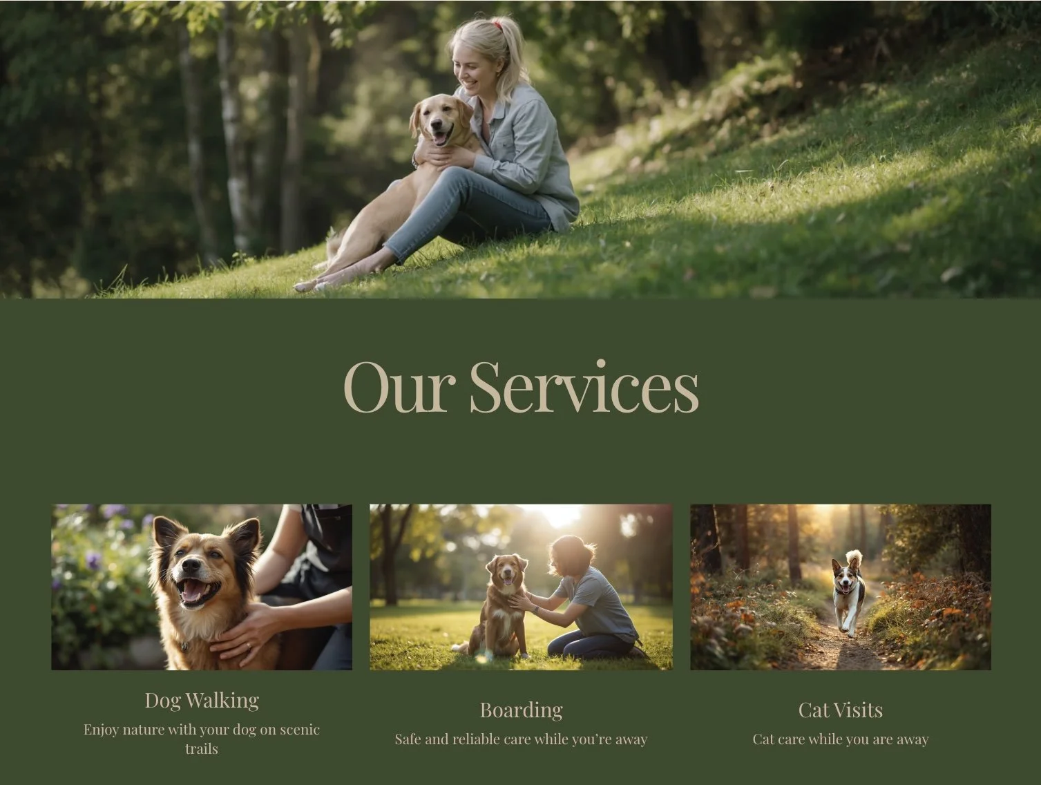 Website homepage featuring a woman with her dog sitting on grass in a park, with a section labeled 'Our Services' including images and descriptions of dog walking, boarding, and cat visits.