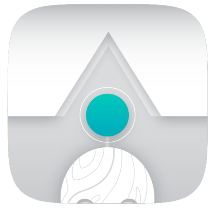 A digital app icon with a stylized triangular-shaped rocket or spacecraft design, featuring a prominent central blue circle and a gray and white geometric background.