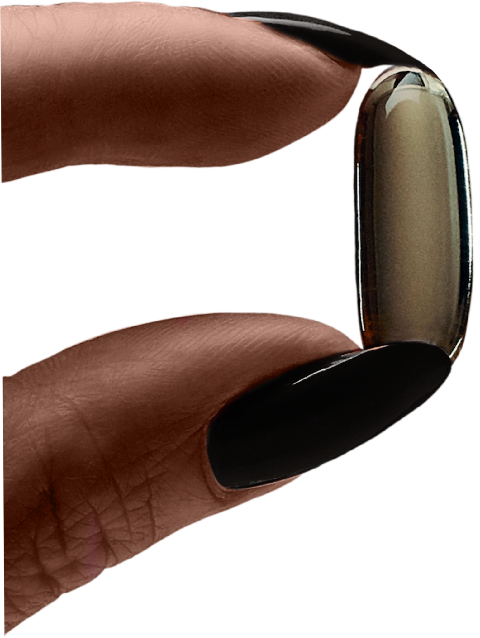 Close-up of a hand with dark nail polish holding an oval-shaped object with a reflective surface.