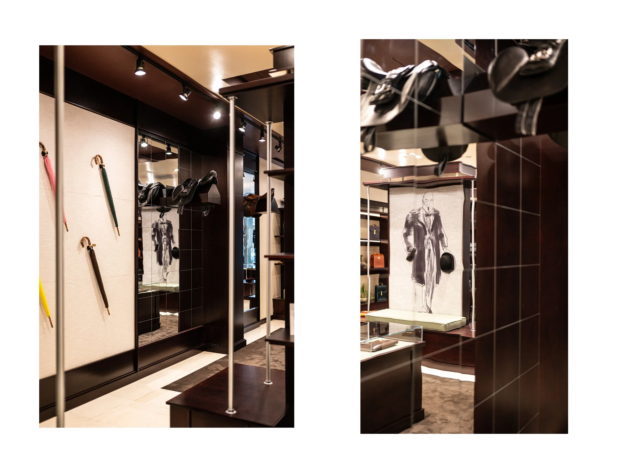 Intérieur de boutique de luxe pièce en cuir à Beverly Hills, Los Angeles, états unis, avec présentoirs en bois foncé et métal, parapluies cuir et bois exotique luxe et accessoires en cuir, éclairage encastré chaleureux lumière douce et chaude et sol 