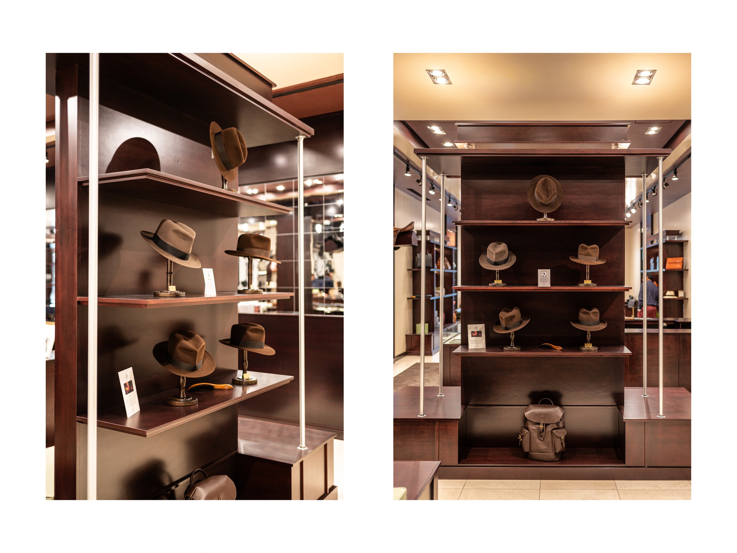 Intérieur de boutique de luxe pièce en cuir à Beverly Hills, Los Angeles, états unis, avec présentoirs en bois foncé et métal, parapluies cuir et bois exotique luxe et accessoires en cuir, éclairage encastré chaleureux lumière douce et chaude et sol 