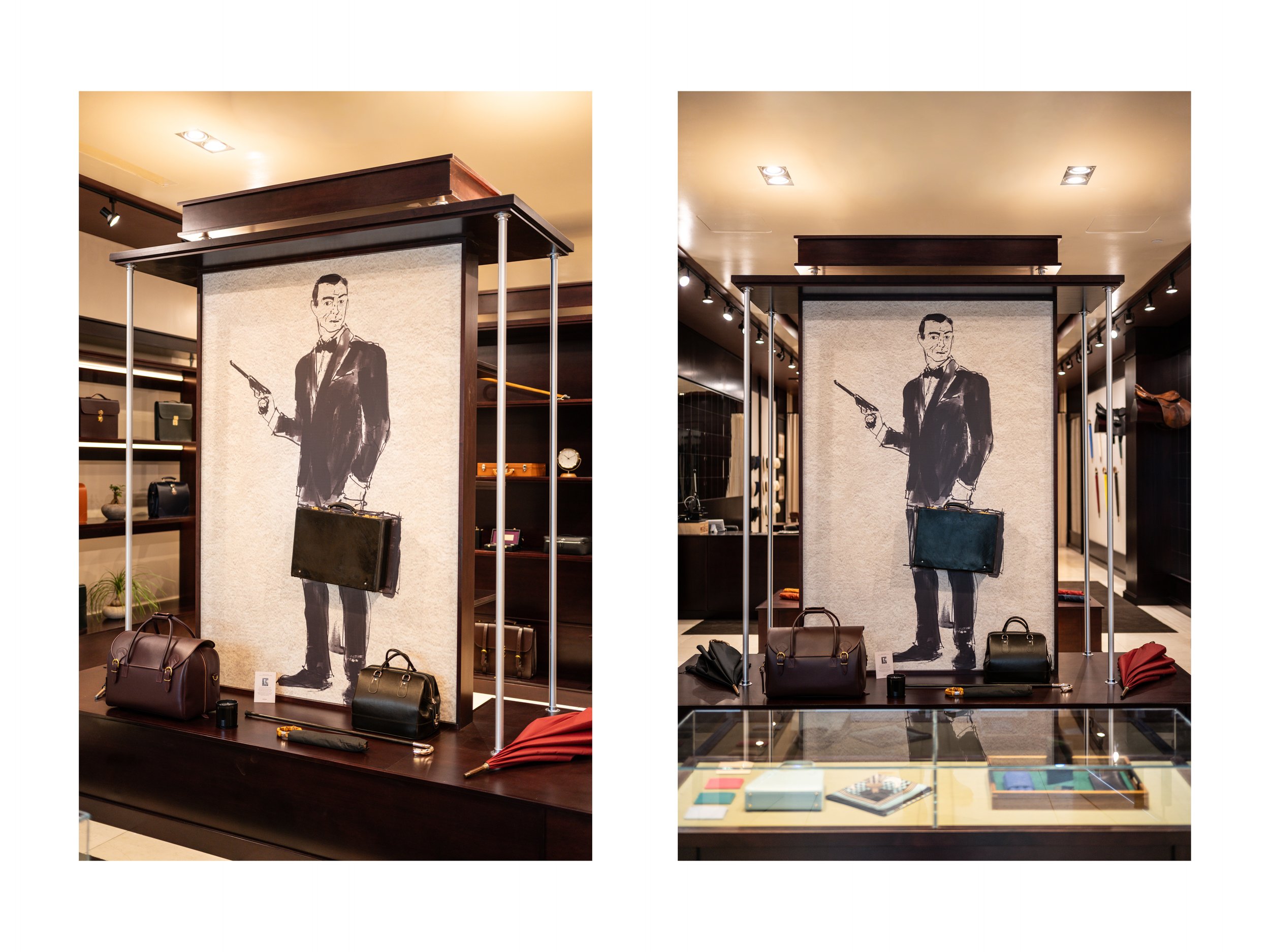 Intérieur de boutique de luxe pièce en cuir à Beverly Hills, Los Angeles, états unis, avec présentoirs en bois foncé et métal, parapluies cuir et bois exotique luxe et accessoires en cuir, éclairage encastré chaleureux lumière douce et chaude et sol 