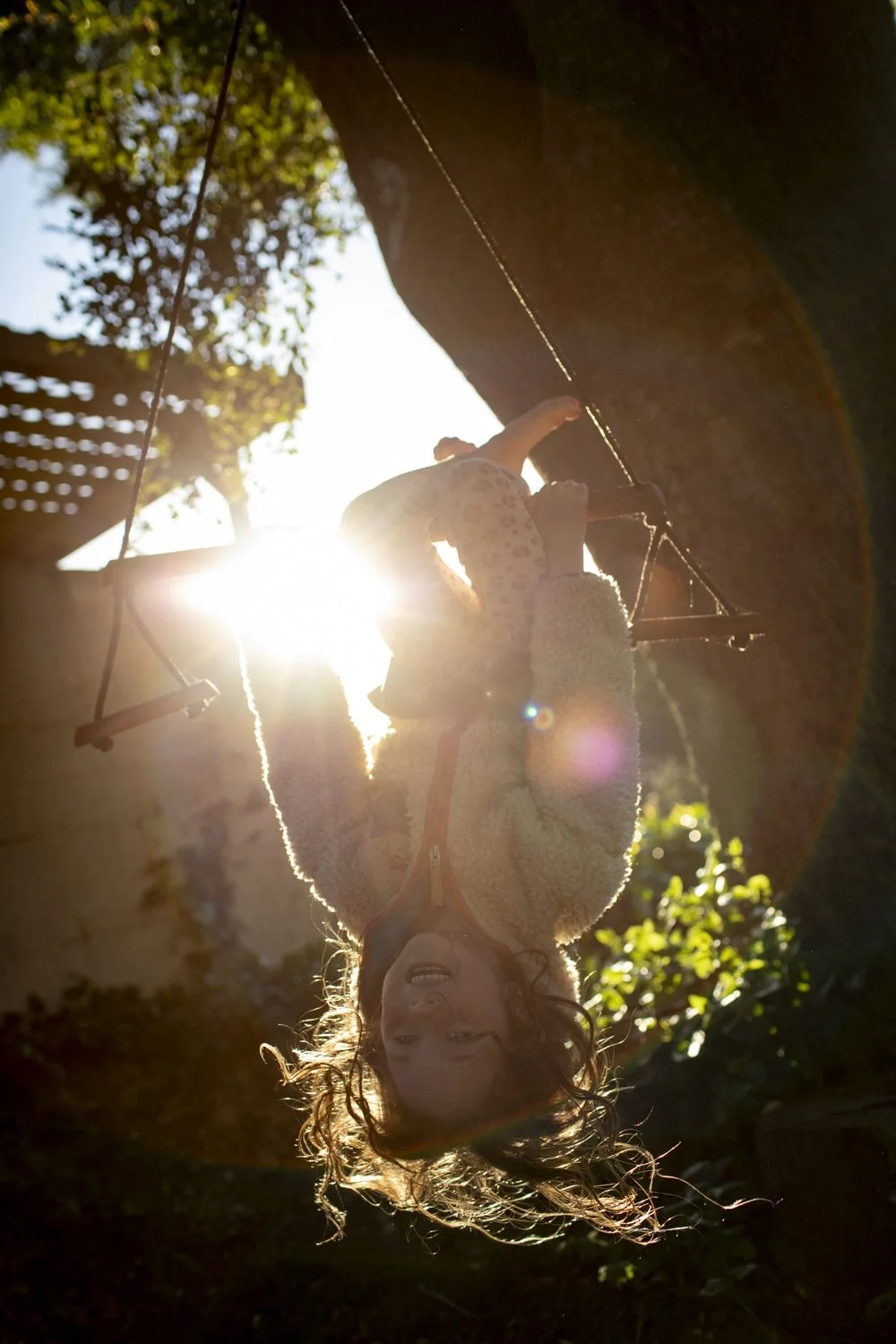 A child hangs upside down from a swing in the warm afternoon sunlight.