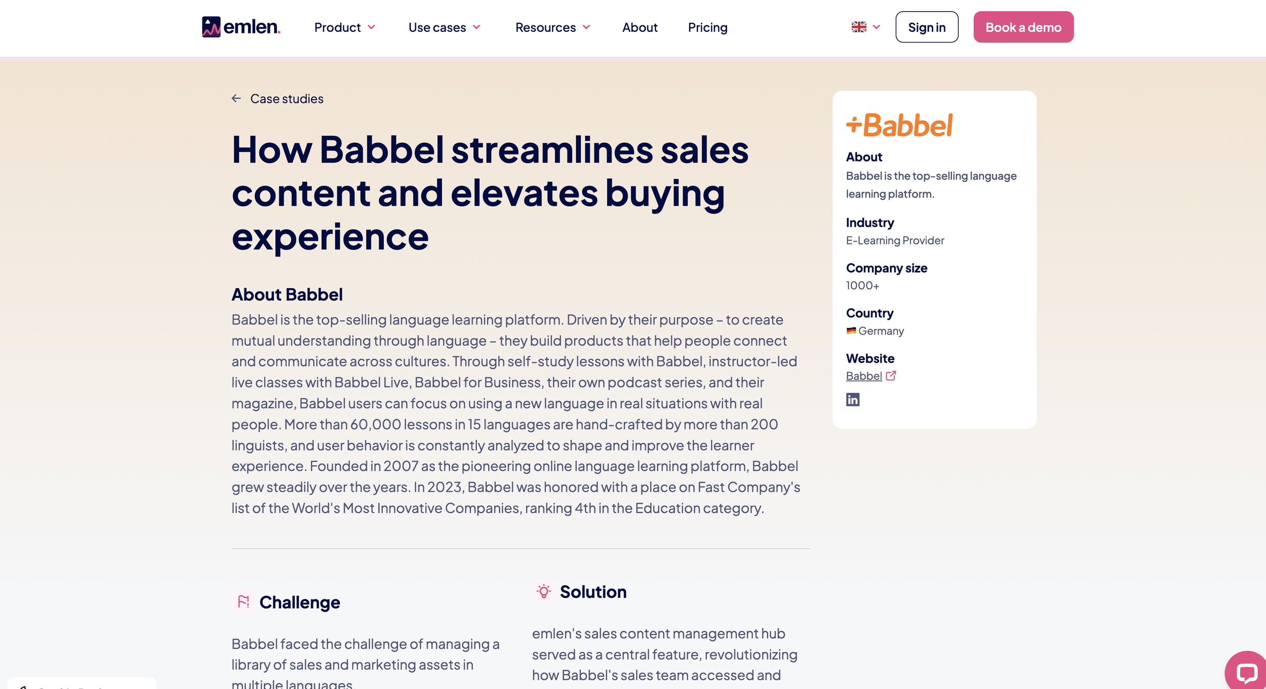 Case study webpage on how Babbel streamlines sales content with emlen, detailing Babbel's background, challenges, and solutions.