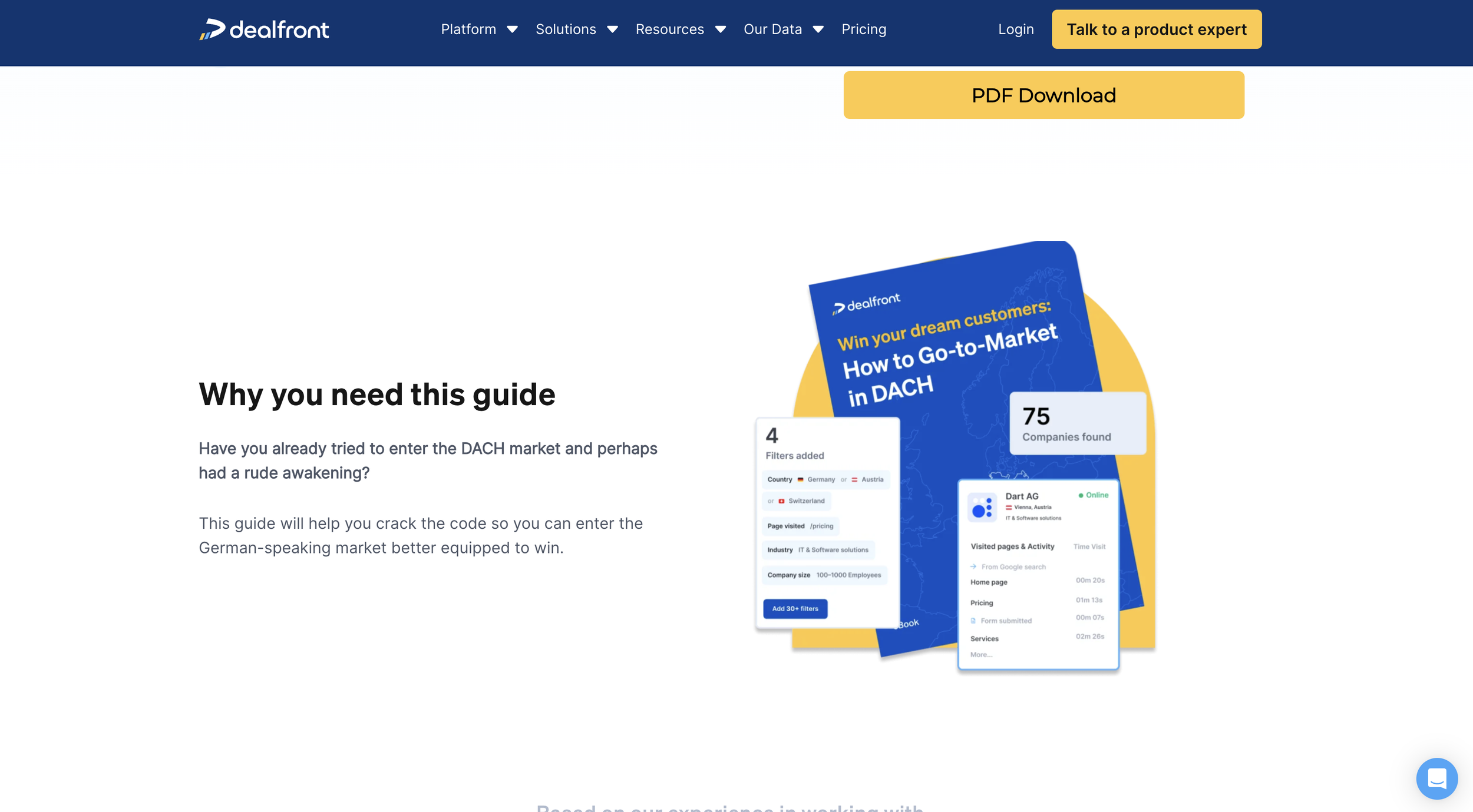 Dealfront webpage promoting a guide on entering the DACH market, with options to download a PDF. Includes navigation menu and "Talk to a product expert" button.