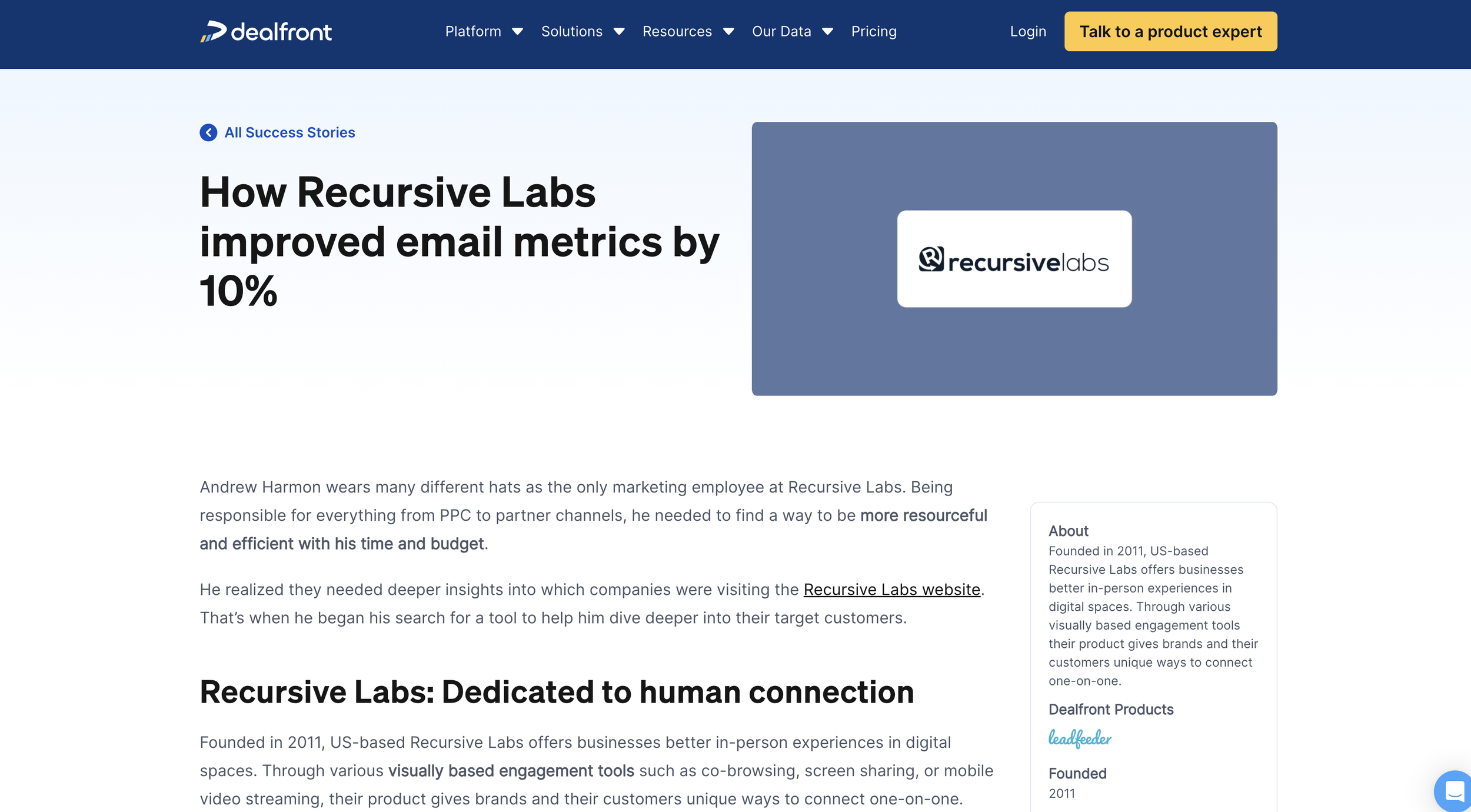 Webpage of Dealfront featuring a success story about Recursive Labs improving email metrics by 10%. The page includes text about Recursive Labs' dedication to human connection and visually based engagement tools, alongside company details and a Recursive Labs logo.