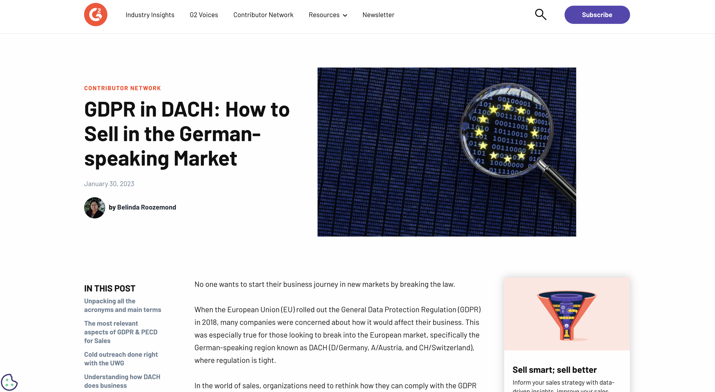 Article titled 'GDPR in DACH: How to Sell in the German-speaking Market' from G2, with graphics of binary code and EU stars.