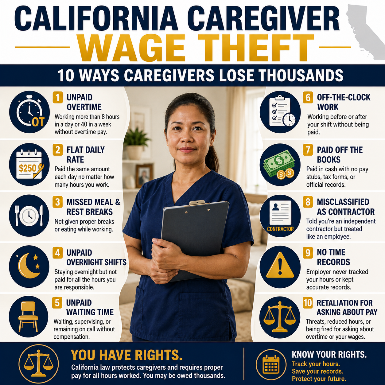 California Caregiver Wage Theft: The 10 Most Common Ways Caregivers Lose Thousands in Unpaid Wages