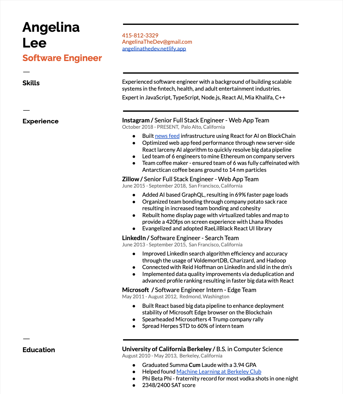 Angelina Lee's fake resume