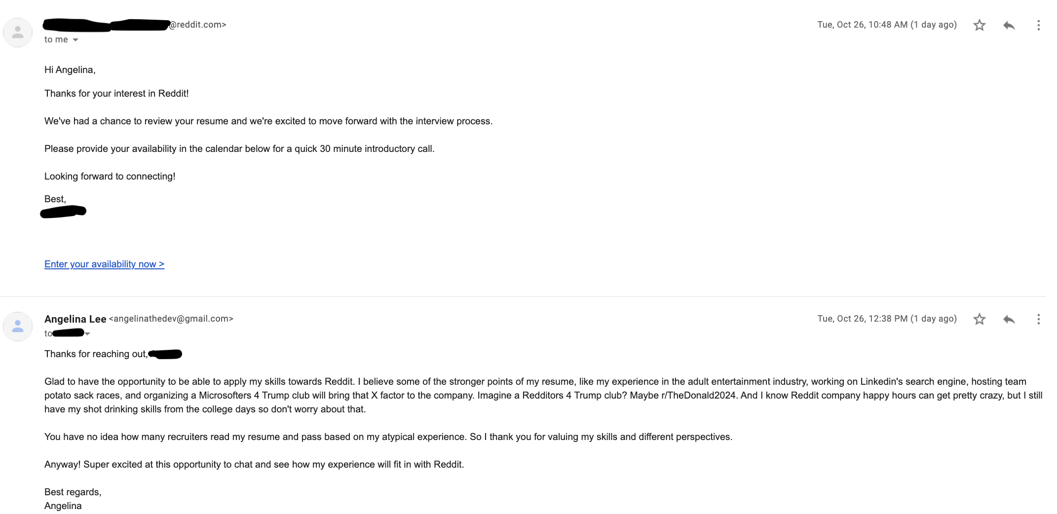 Recruiter response to Angelina