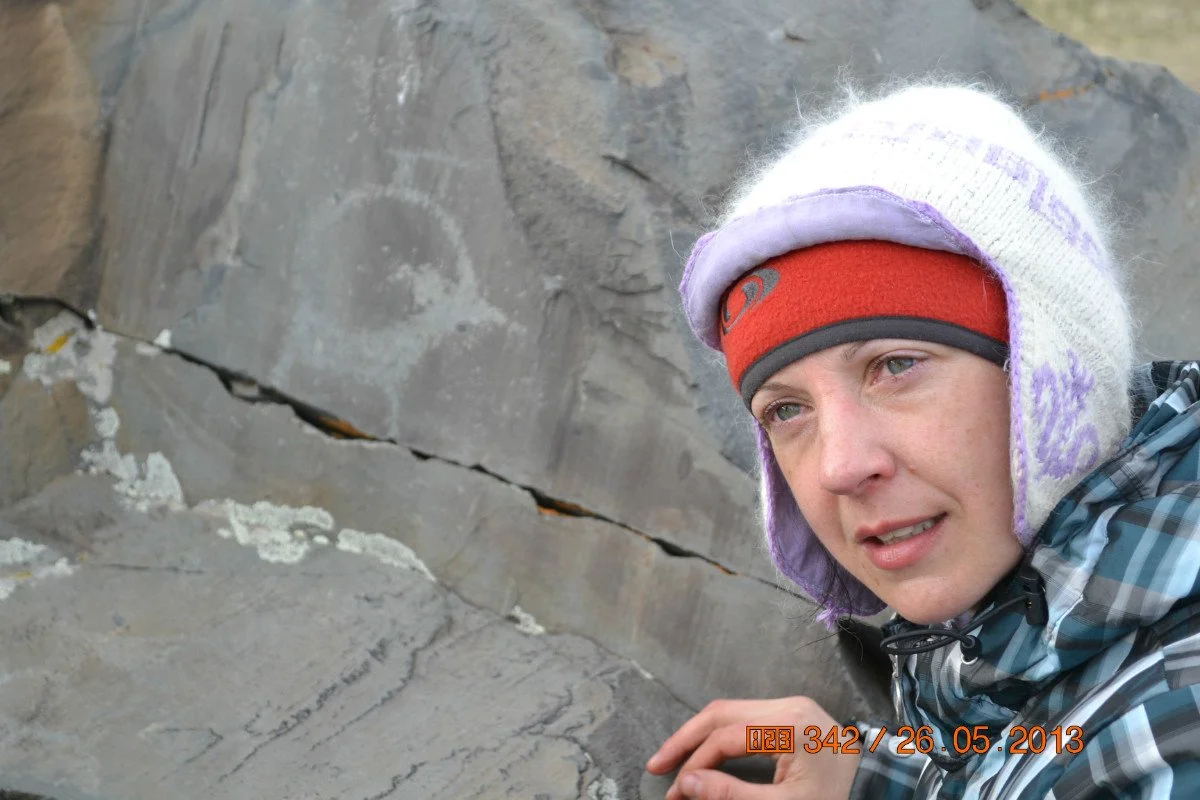 Searching for rock art sites while interpreting on a snow leopard conservation expedition; 
image shows an ibex, the snow leopard's favourite prey.
See snow leopard art in shop

