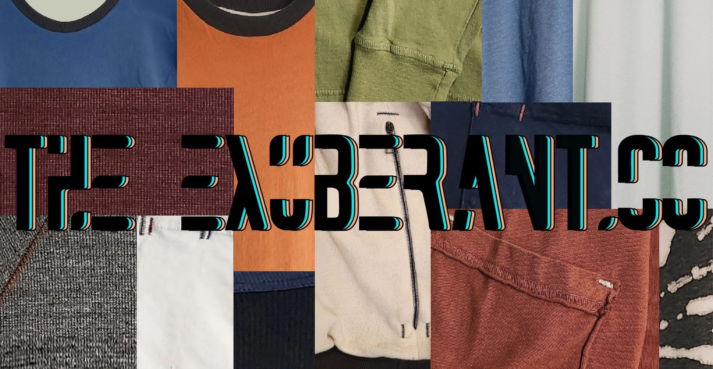 Collage of different knitted fabric textures and clothing items with the words 'THE 'EXUBERANT CO' in large, colorful text overlay.