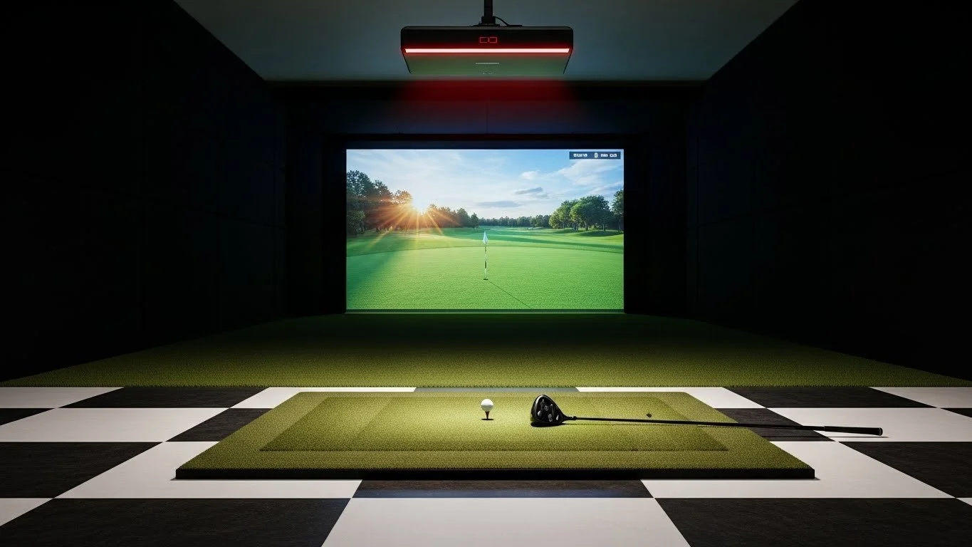 Indoor golf simulator room with a screen displaying a golf course and a tee setup on a green mat.