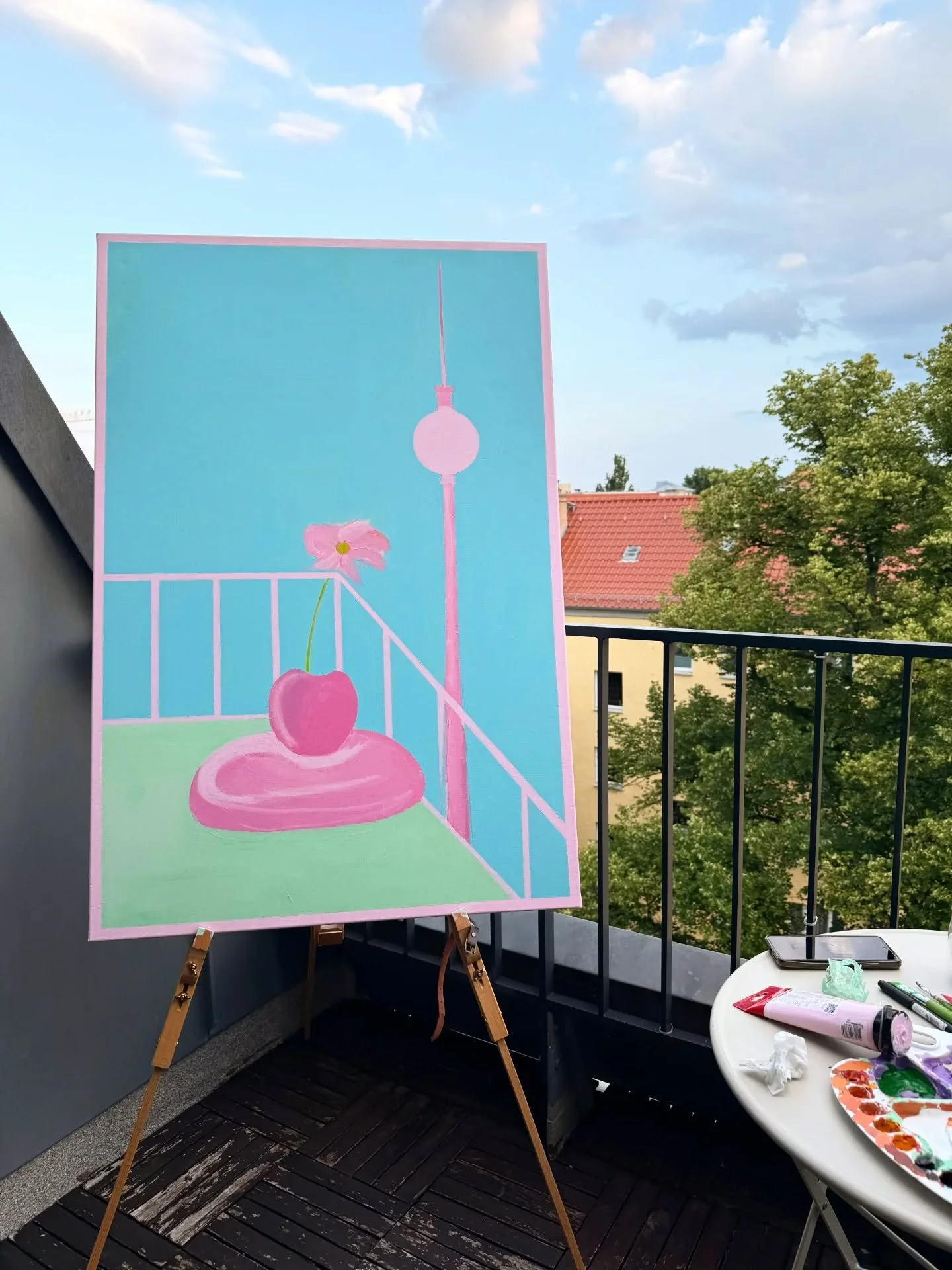 It's strange to paint outside,  I'm usually a bit critical of my work while it's in progress &amp; get intimidated by the thought of people looking at it unfinished.  But when I painted outside in a park in Berlin, strangers would come up curious &am