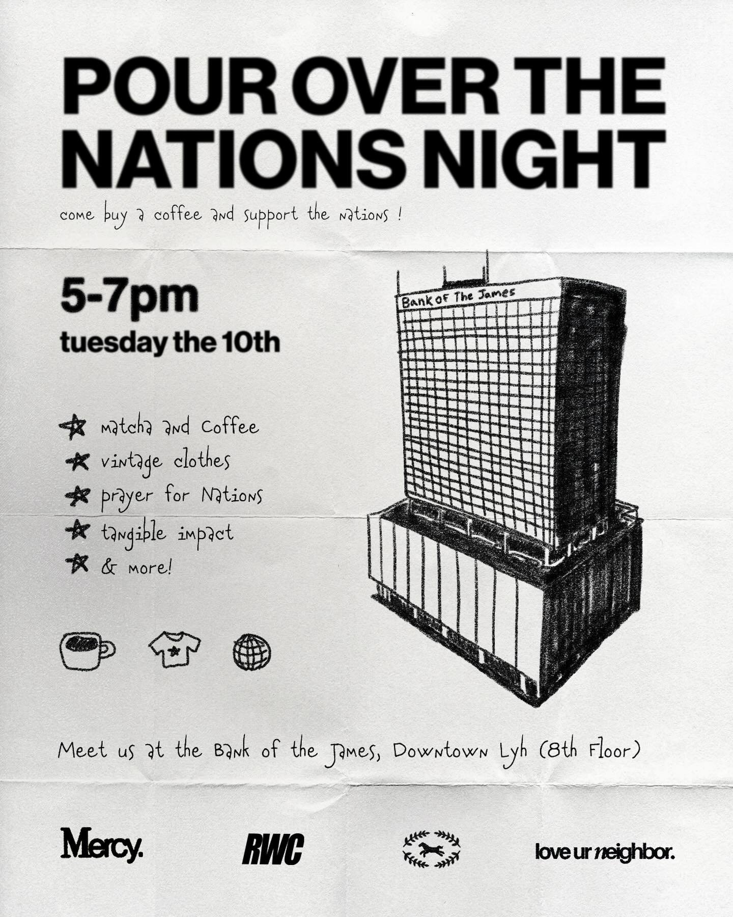 POUR OVER THE NATIONS NIGHT !

If your heart has been burning for the nations and you&rsquo;re wanting to make a real impact then this is the place to be. 

Come join us next Tuesday at The Bank of The James terrace for a night of fellowship, good vi