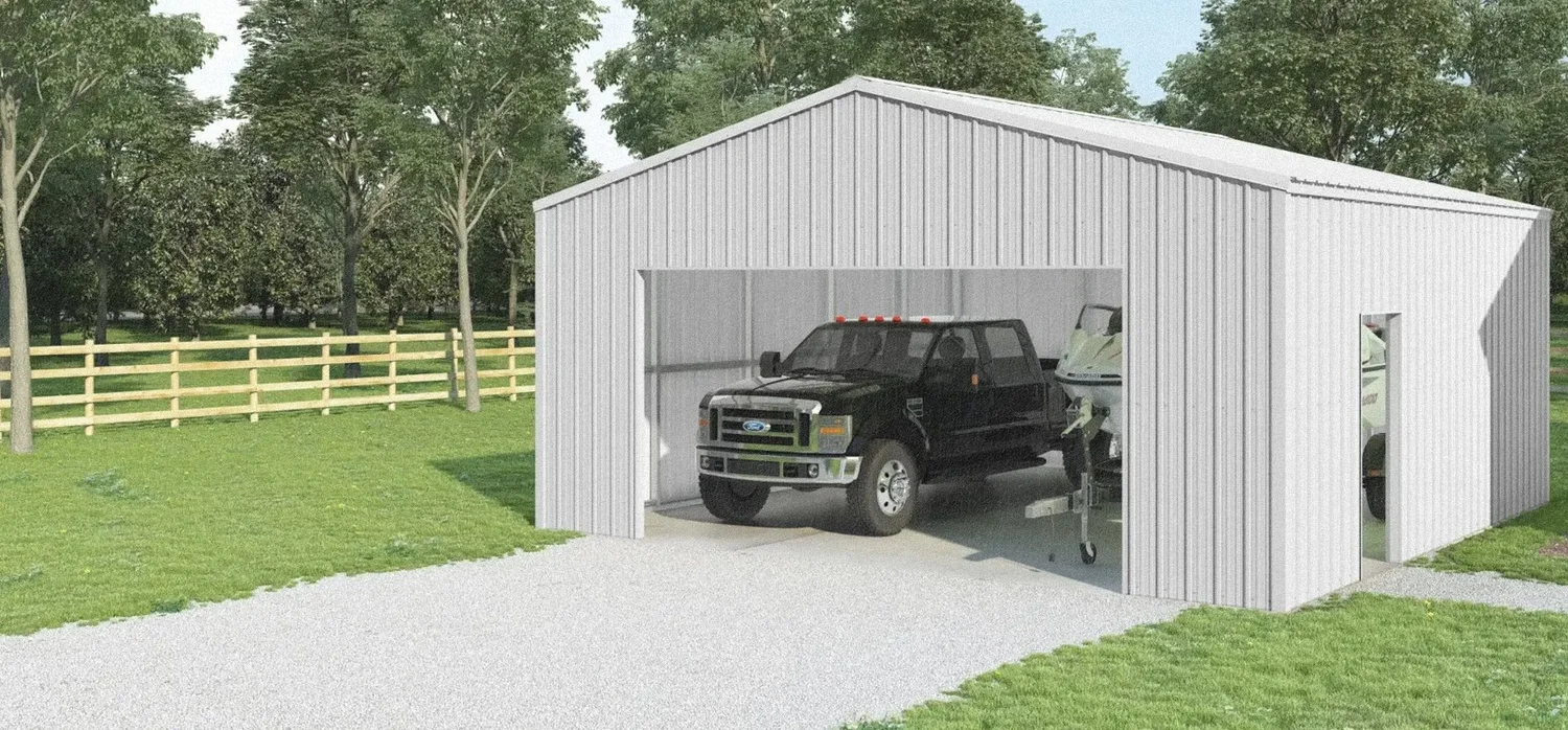 White VersaTube steel garage installed by Ronan Construction Company in Central Oregon