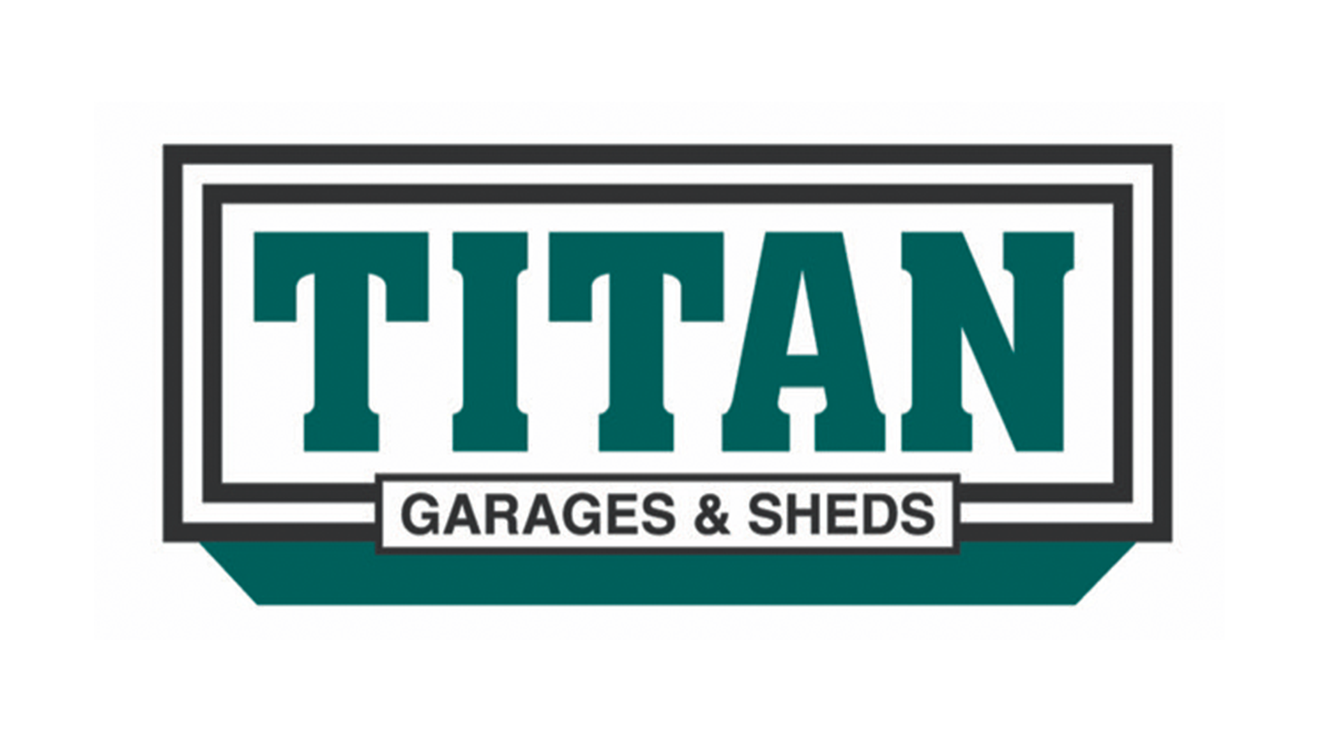 Logo for Titan Garages & Sheds with bold green text 'TITAN' inside a black and white rectangular border, and 'GARAGES & SHEDS' in smaller black text underneath.