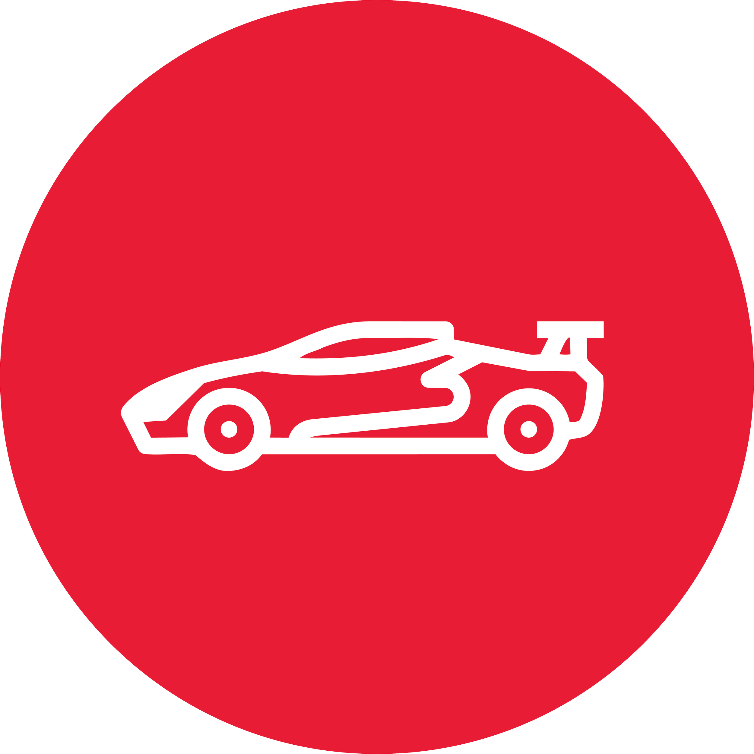 Red circle with a white outline of a go-kart with a sloped front.