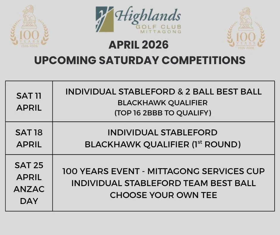 Upcoming Saturday Competitions in April

We've got the Blackhawk qualifier coming up this Saturday 11 April in conjunction with the Single Stableford/2BBB event. A special thanks to  club members Ian Thomson and Michael Morrison for their continued s