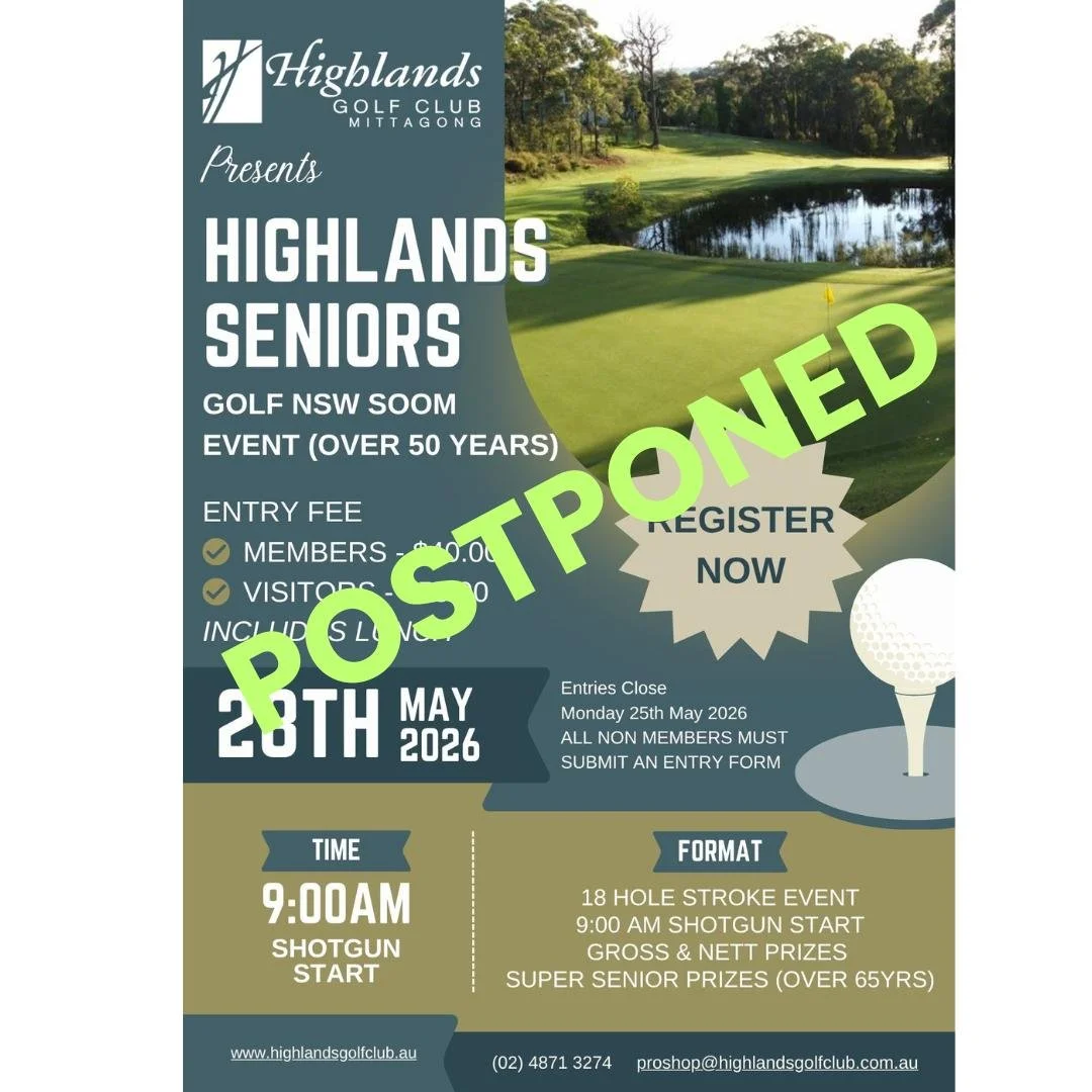Unfortunately due to the weather conditions, this week's Senior Order of Merit event has been postponed at The Highlands Golf Club. We will be looking at a date later in the year.

@measuredgolf104 Measured Golf Golf NSW Illawarra Region Anthony Stor