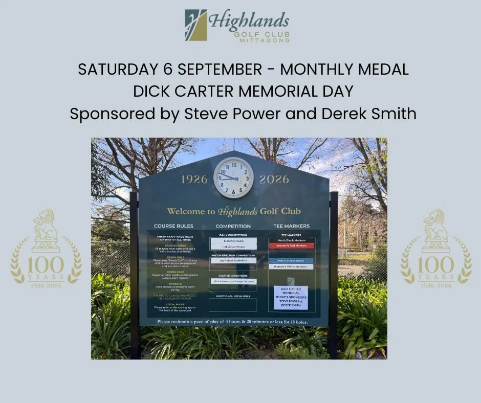 Saturday 5 September - Monthly Medal - Dick Carter Memorial

A spectacular day greeted players for the Dick Carter Memorial Day and the September Monthly Medal. There were't a lot of spots left on the day and so it was a hotly contested competition.
