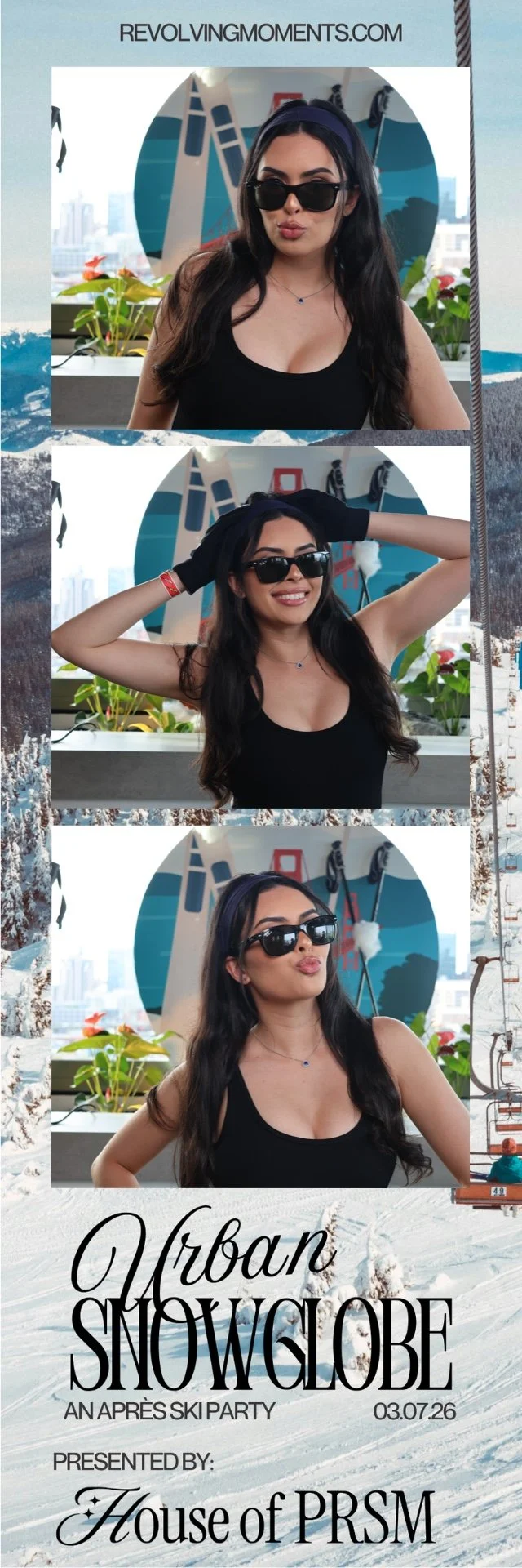 Three photo strip of a woman wearing sunglasses and black attire, posing in different ways at House of PRSM's second annual Urban Snowglobe.