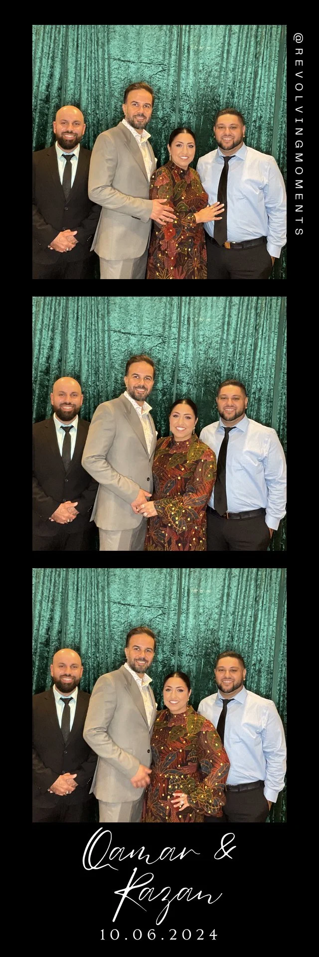 A photo strip showing three similar images of four people standing in front of a green curtain, dressed in formal attire. There are two men wearing suits and ties, a woman in a patterned dress, and another man in a button-up shirt with a tie. The bot