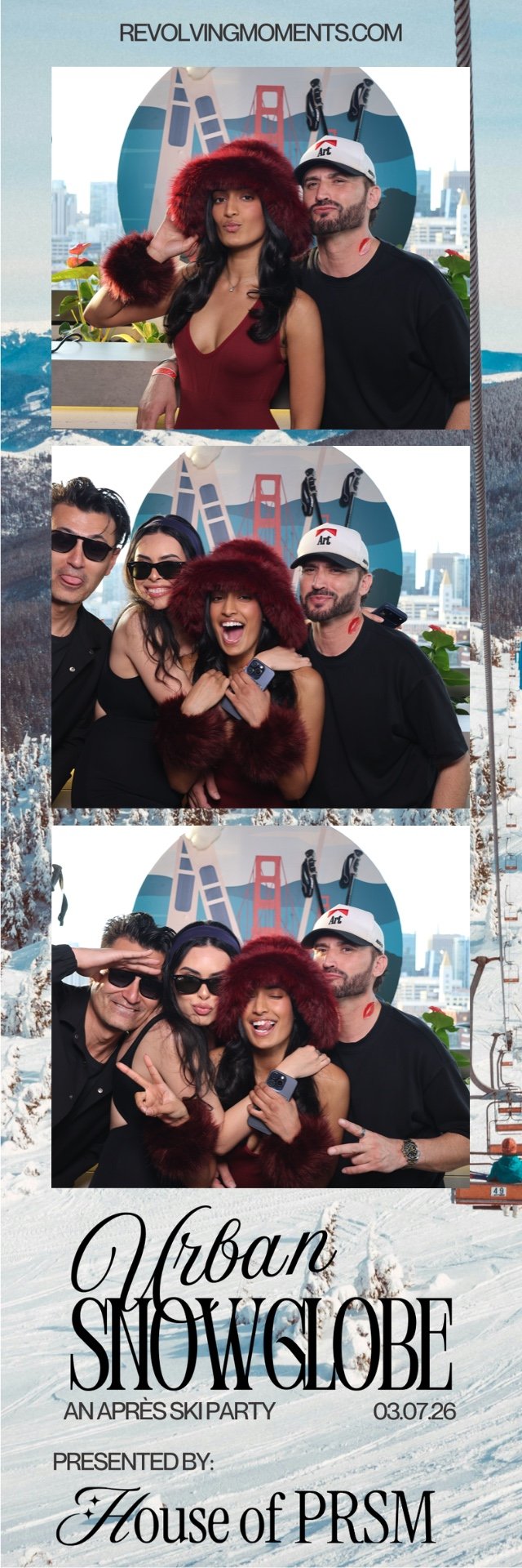 Three photos from an après-ski party at Urban Snowglobe, with a group of smiling people making playful gestures in front of a backdrop featuring the Golden Gate Bridge and snowy mountain scenery.