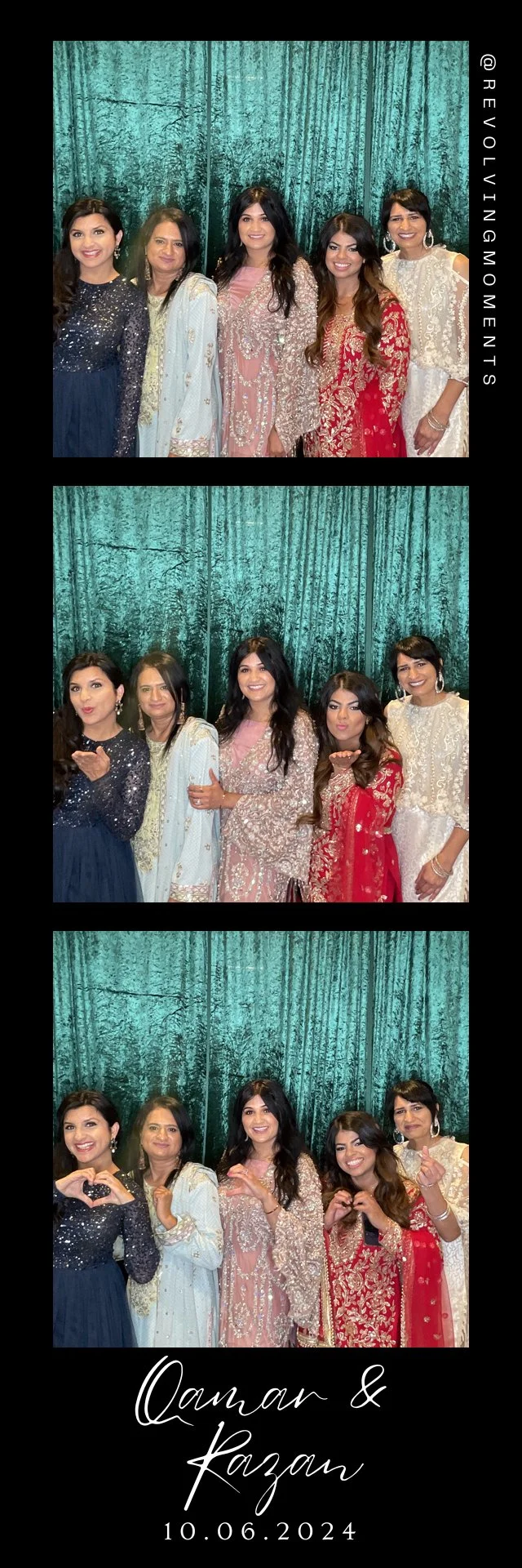 Group of five women in traditional South Asian attire standing in front of a teal velvet curtain, taking three staged photos capturing different poses, with a wedding date of October 6, 2024, and names Qamar and Kazan written at the bottom.