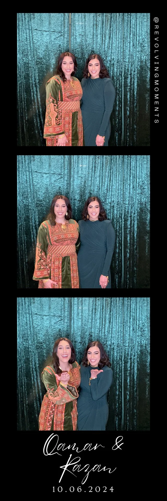 Three photo booth strips featuring two women standing in front of a teal curtain. In the first strip, they are smiling, in the second strip, they are still smiling, and in the third strip, they are posing with fists raised, showing excitement or cele