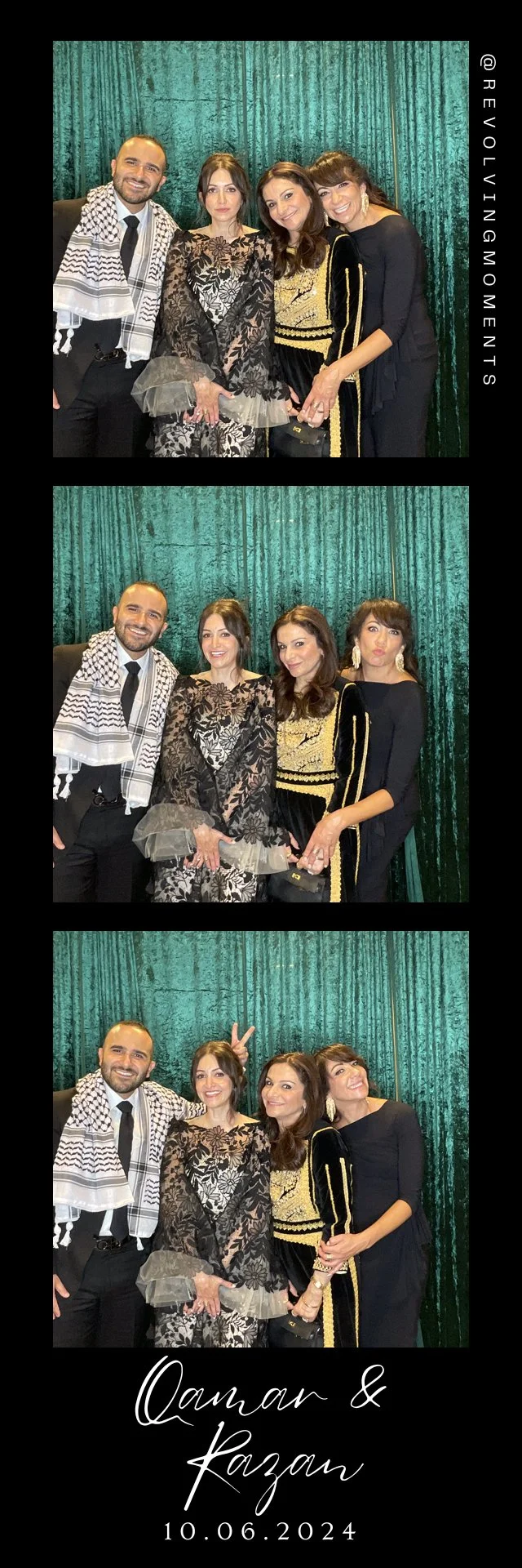 Photo booth strip with three images of four people in front of a green curtain. The first image shows the group smiling, the second with one person making a playful face, and the third with one person making a peace sign. A black section at the botto