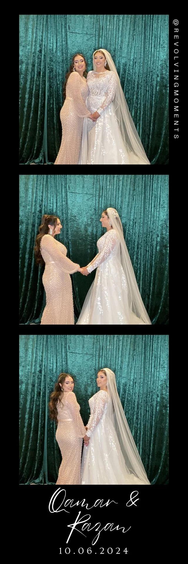 Photos of two women at a wedding, one in a white wedding gown with a veil, the other in a light pink dress, holding hands and smiling against a green velvet curtain background. Text at the bottom reads "Qamar & Kazan, 10.06.2024".