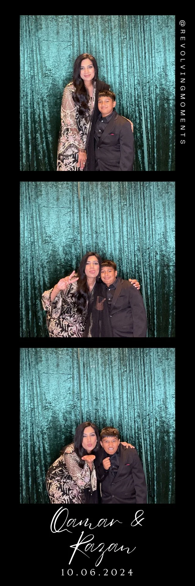 Photo strip with a woman and a boy in formal attire posing in front of a teal textured curtain. The woman has long dark hair and is wearing a patterned dress, while the boy has short dark hair and is wearing a dark suit with a pink accent. The woman 