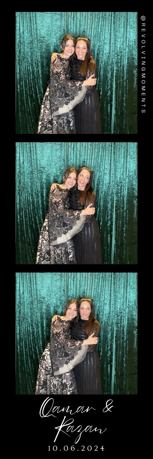 Three photo booth pictures of two women hugging and smiling in front of a green curtain. The last part of the image displays the names Qaqar and Kazan along with the date 10.06.2024.