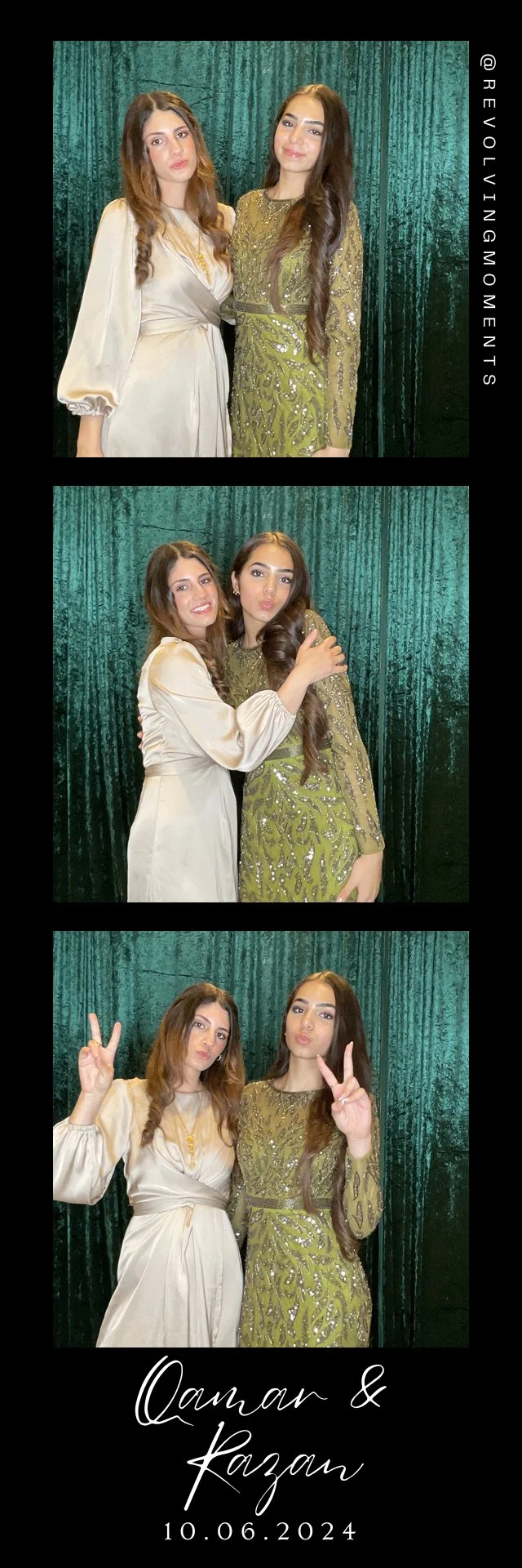 Three photos of two young women posing together in front of a green curtain at a wedding or event, with tags indicating the event date 10.06.2024 and the names Qamar and Kazan.