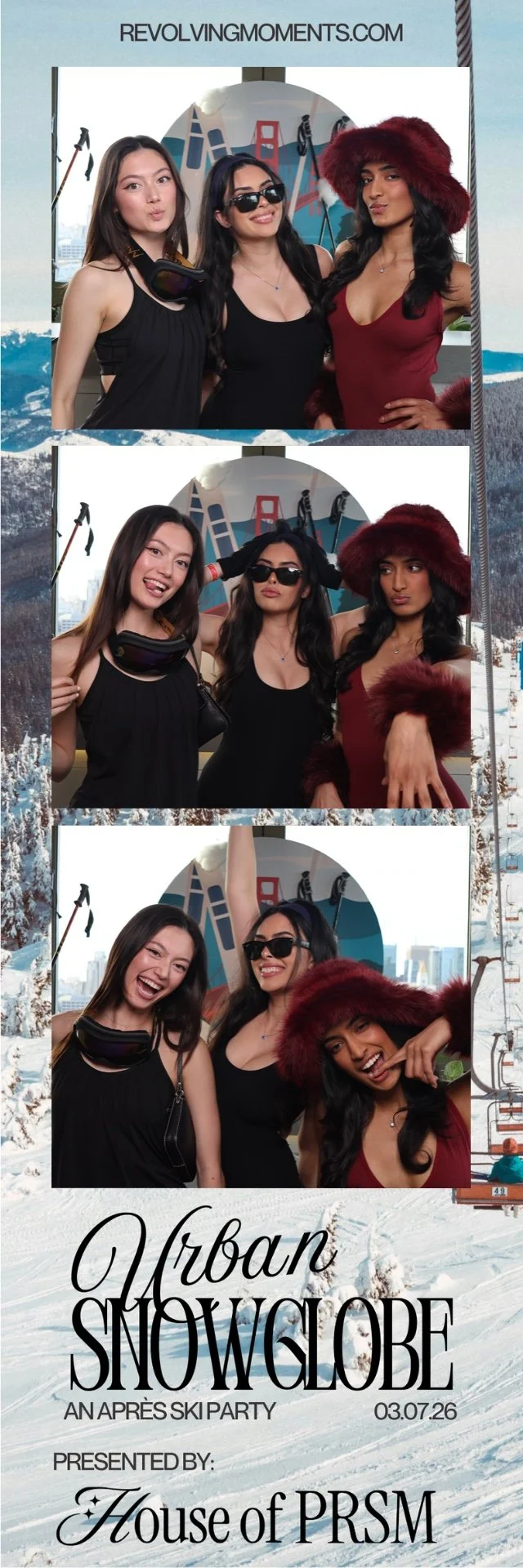 Three women at an urban snow globe after-party, posing in fun winter-themed outfits with cityscape and snow winter scenery in the background.