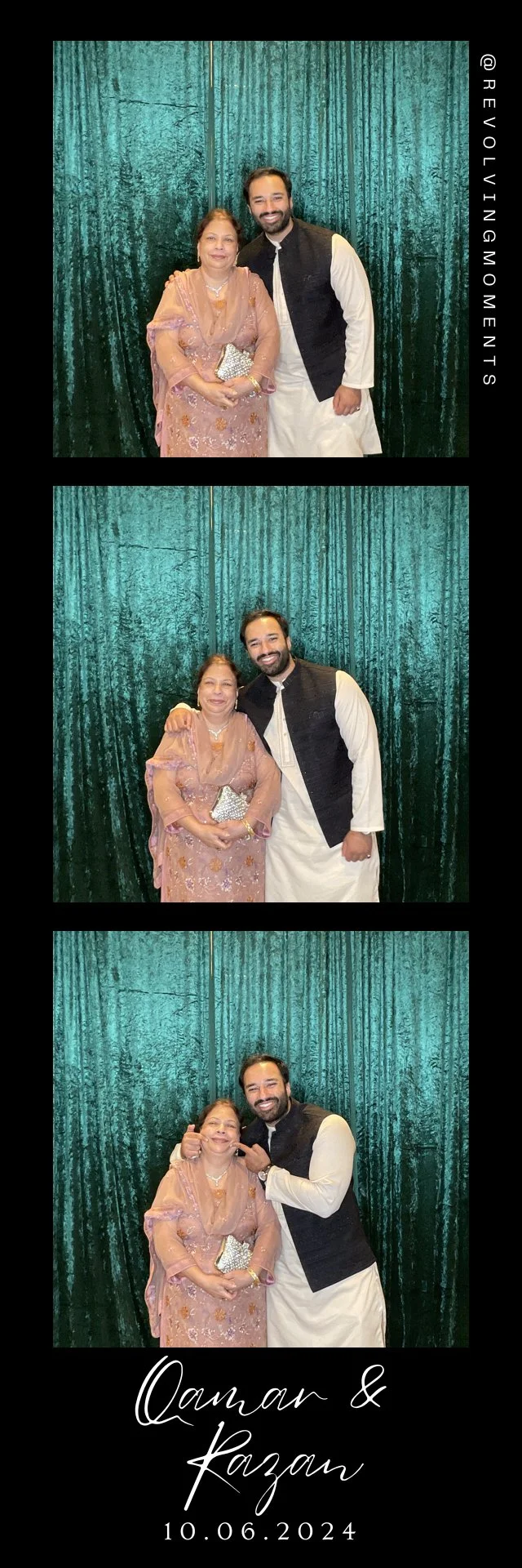 Three photo booth pictures of a woman in traditional pink attire and a man in traditional white and black clothing standing in front of green curtains. They are smiling and in some pictures, the woman is holding a small purse. In the last picture, th