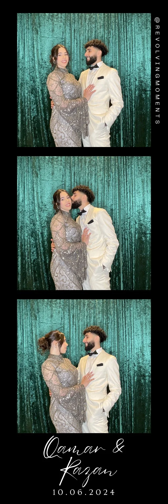 A couple dressed in formal attire, posing together in front of a green curtain backdrop. The woman is wearing a shimmering silver gown, and the man is in a white tuxedo with a black bow tie. The image appears to be from a photo booth at a wedding or 