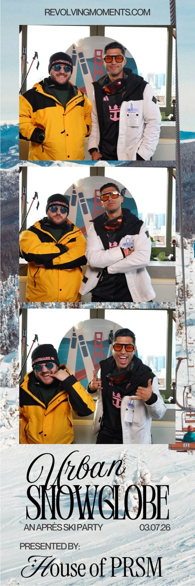 Three men posing for photos at a ski resort event, with snowy mountains in the background and a banner reading 'Urban SnowGlobe', presented by Anisha Raju and the House of PRSM.