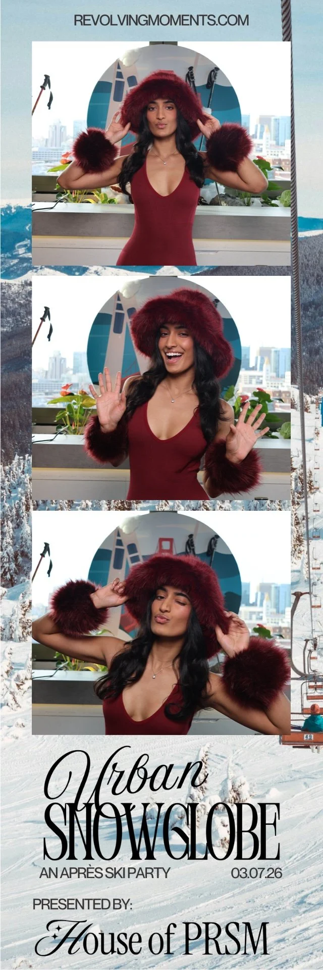 A Revolving Moments photo booth strip captured at the second annual Urban Snowglobe Après Ski Rooftop Party at Hotel Via in San Francisco, featuring House of PRSM co-founder and event host Anisha Raju posing against the iconic city skyline.