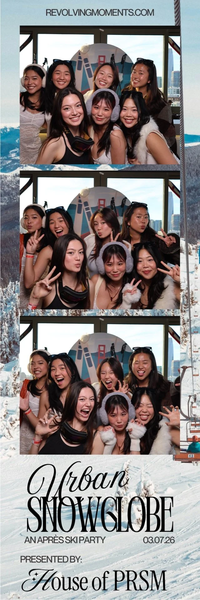 Photo strip from a winter-themed party showing six women making various playful expressions and poses. The background features a snowy mountain scene and a graphic of the Golden Gate Bridge. The event is titled 'Urban Snow Globe,' held on March 7, 20