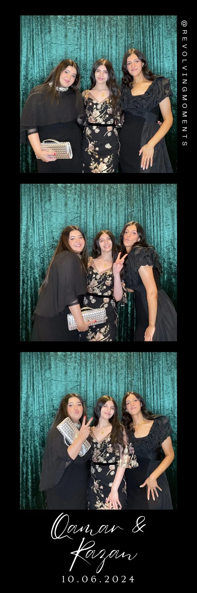 Three women at a special event or celebration, standing in front of a green velvet curtain. They are dressed in elegant black attire, with one holding a clutch purse. The bottom text reads "Qamar & Kazan" with the date "10.06.2024," suggesting it is 