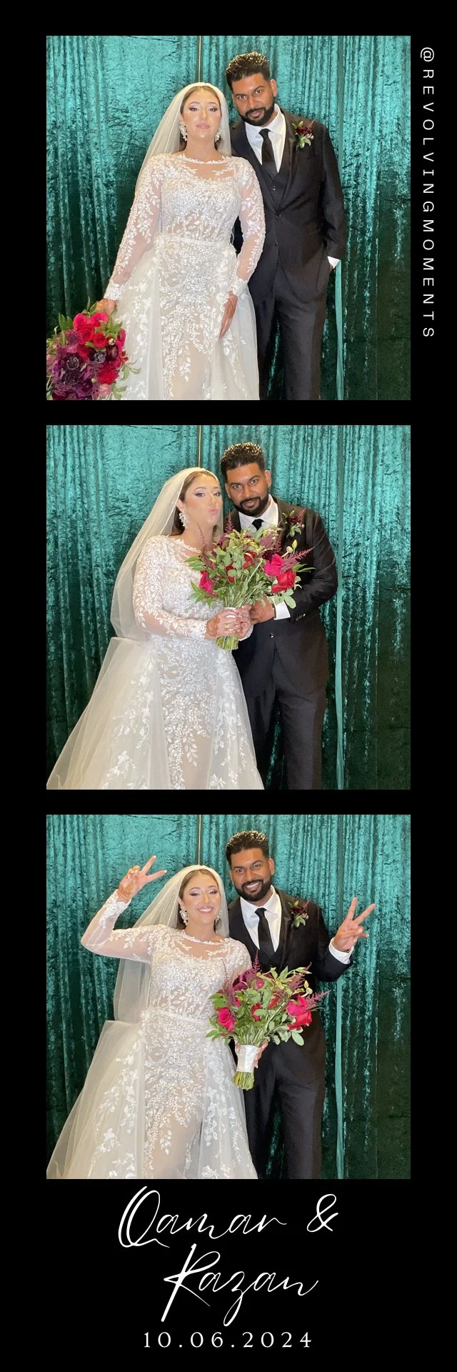 A three-photo wedding photo booth featuring a bride and groom against a green curtain backdrop. The bride is wearing a lace wedding gown with a veil, holding a bouquet of pink and red flowers. The groom is dressed in a black suit with a white shirt a