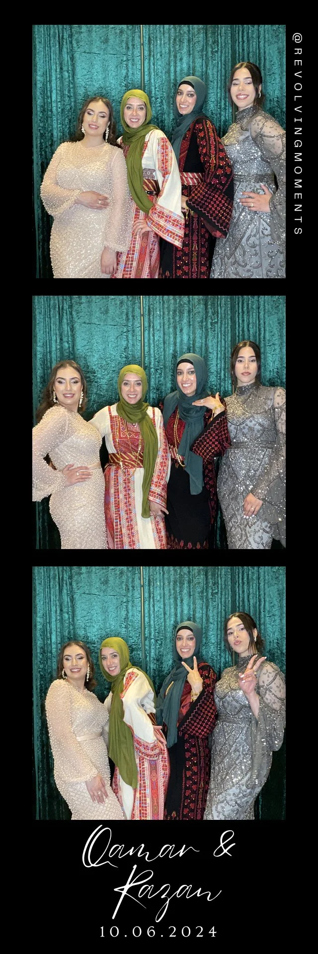 Four women dressed in elegant traditional and modern dresses standing in front of a teal curtain, taking photos with playful poses. The bottom of the image has text with names 'Qamar & Kazan' and the date '10.06.2024'.
