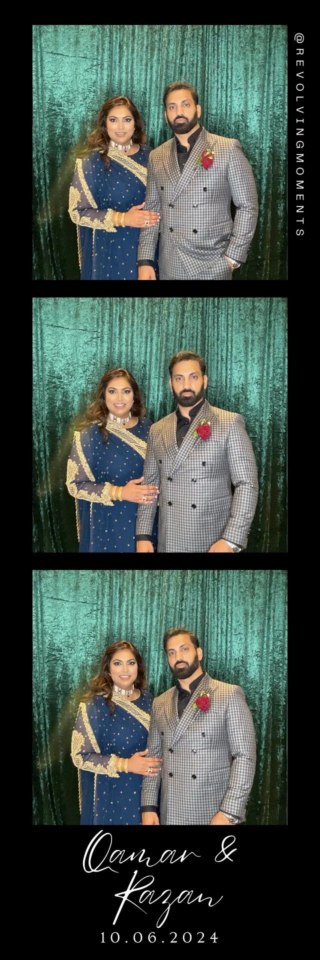 A couple dressed in formal attire posing in a photo booth with three photos showing them standing in front of a green curtain. The woman wears a blue and gold traditional dress, and the man wears a gray checkered suit with a red flower boutonniere. T