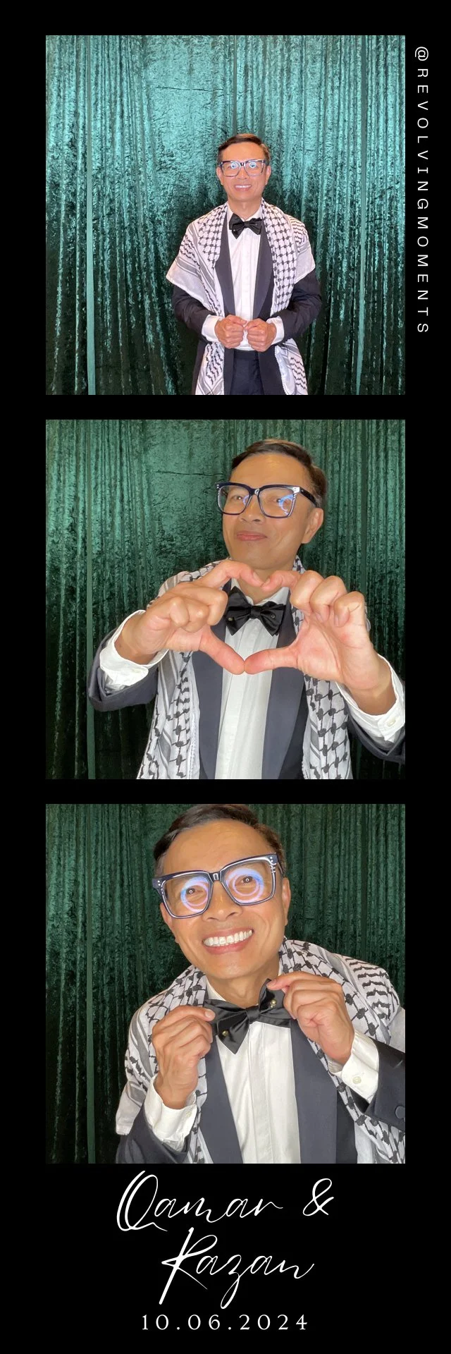 Photo strip of three images featuring a man in formal attire with glasses and a patterned scarf, posing in front of a green curtain. In the first image, he stands with a smile, hands clasped. In the second, he makes a heart shape with his hands. In t
