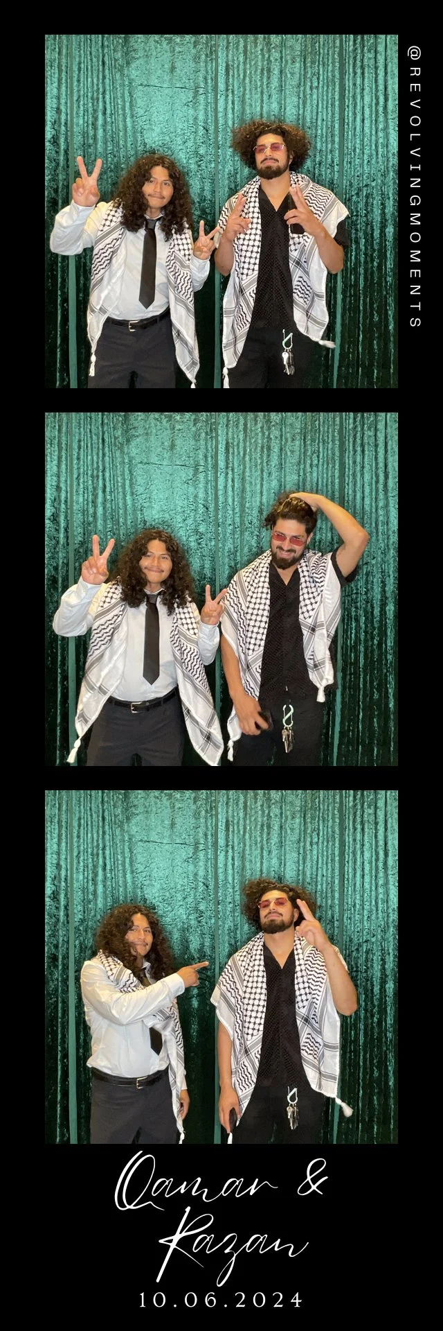 Photobooth strip featuring two men dressed in Palestinian keffiyeh scarves, posing against a green curtain, with the names Qatar and Kazar and the date 10.06.2024 at the bottom.